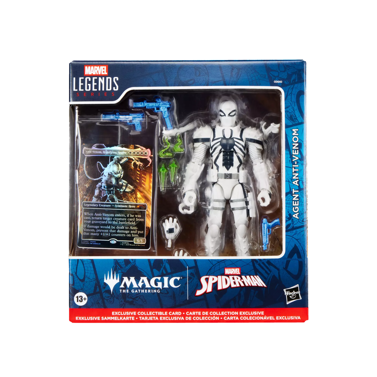 Marvel Legends Agent Anti-Venom sealed retail packaging angle with Magic: The Gathering foil card