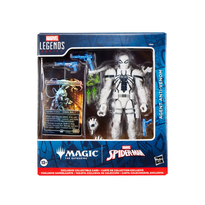 Marvel Legends Agent Anti-Venom sealed retail packaging angle with Magic: The Gathering foil card