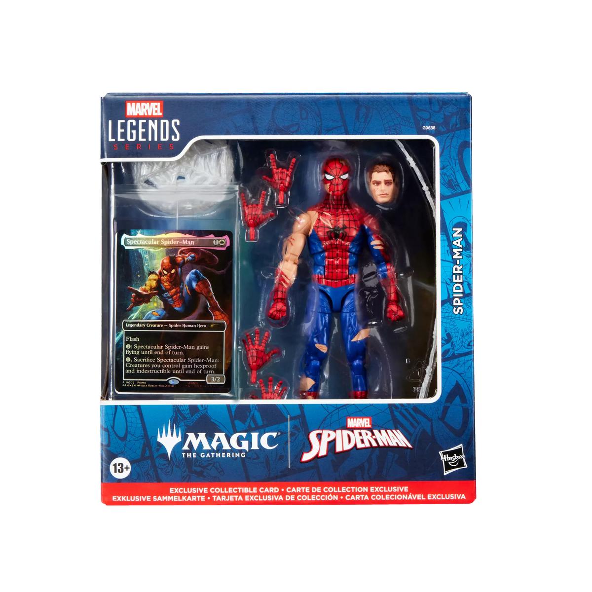 Marvel Legends Battle-Damaged Spider-Man sealed retail packaging angle with Magic: The Gathering foil card