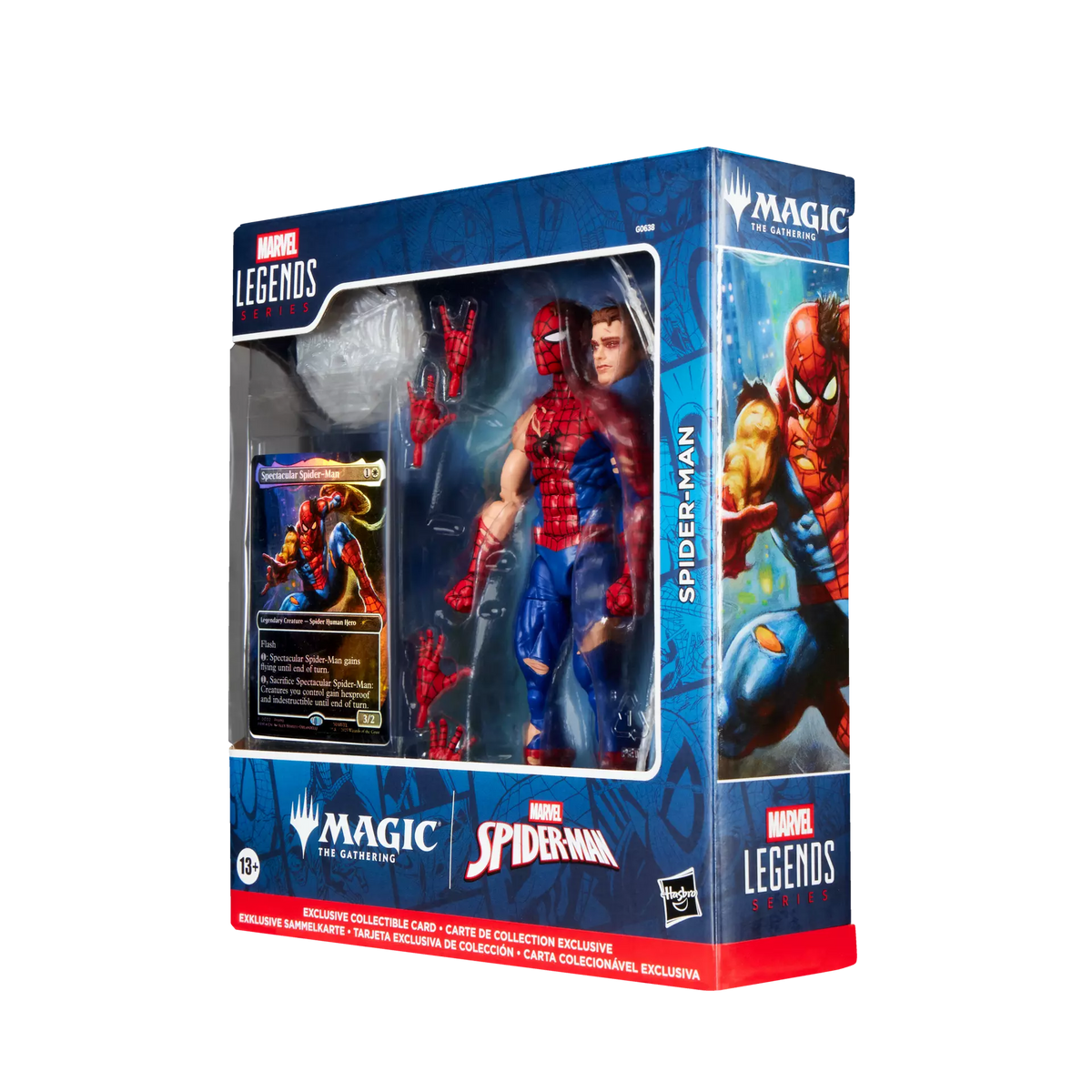 Marvel Legends Battle-Damaged Spider-Man sealed retail box front with Magic: The Gathering foil card