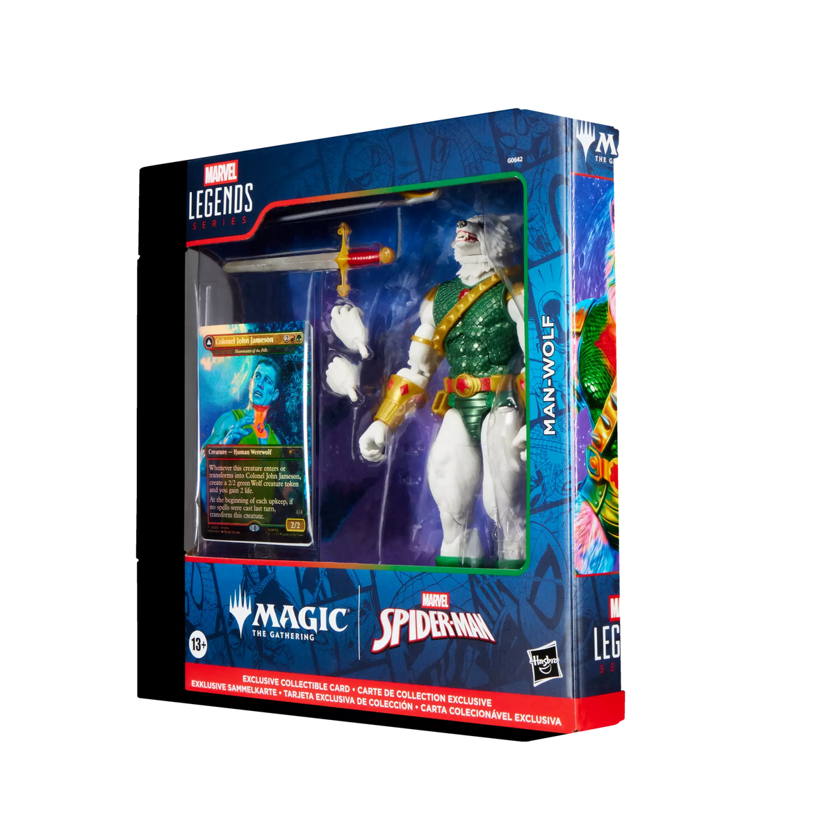 Marvel Legends Man-Wolf sealed retail packaging angle with Magic: The Gathering foil card