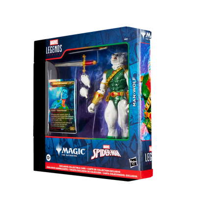 Marvel Legends Man-Wolf sealed retail packaging angle with Magic: The Gathering foil card