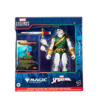 Marvel Legends Man-Wolf sealed retail box front with Magic: The Gathering foil card