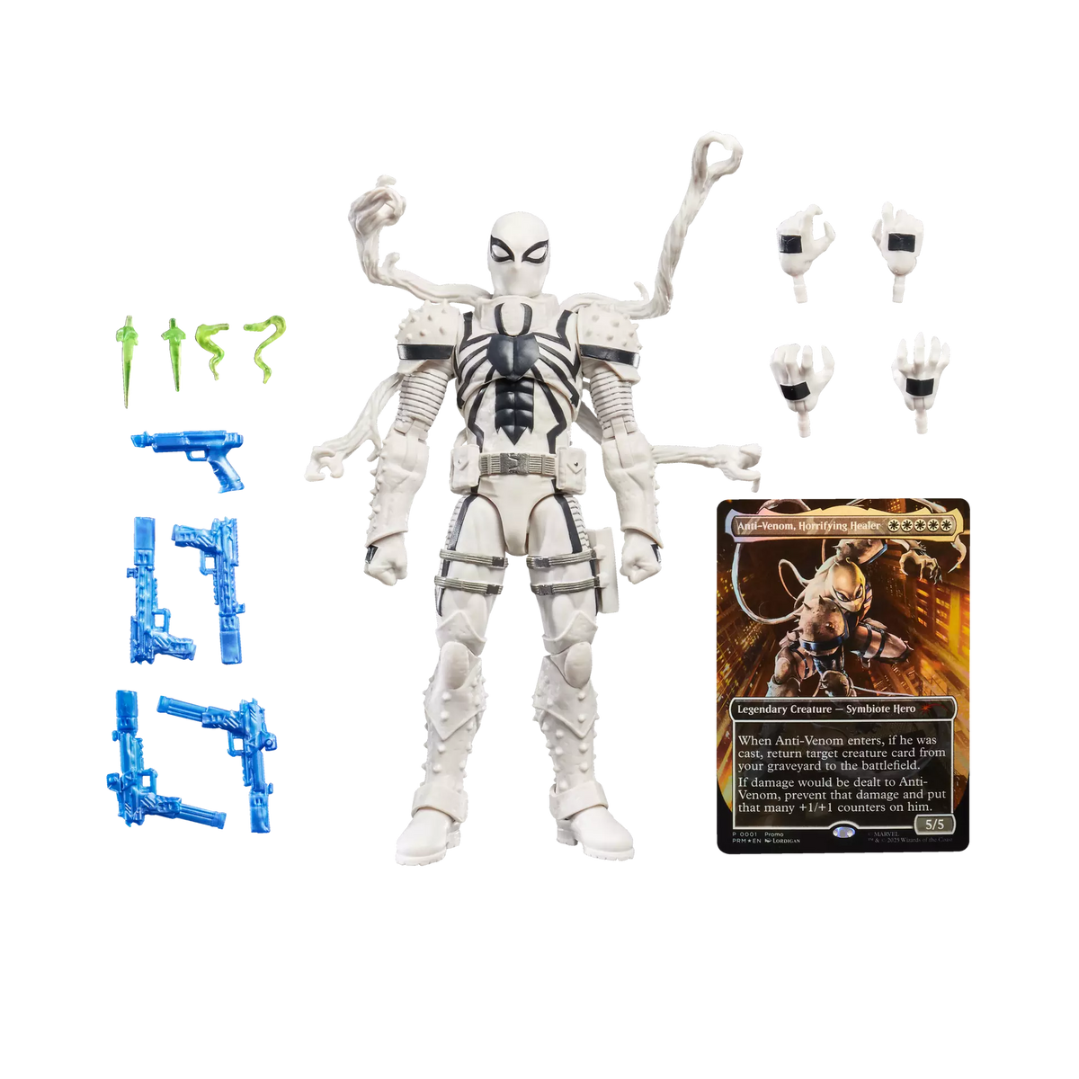Marvel Legends Agent Anti-Venom figure, accessories, and exclusive Magic: The Gathering foil card