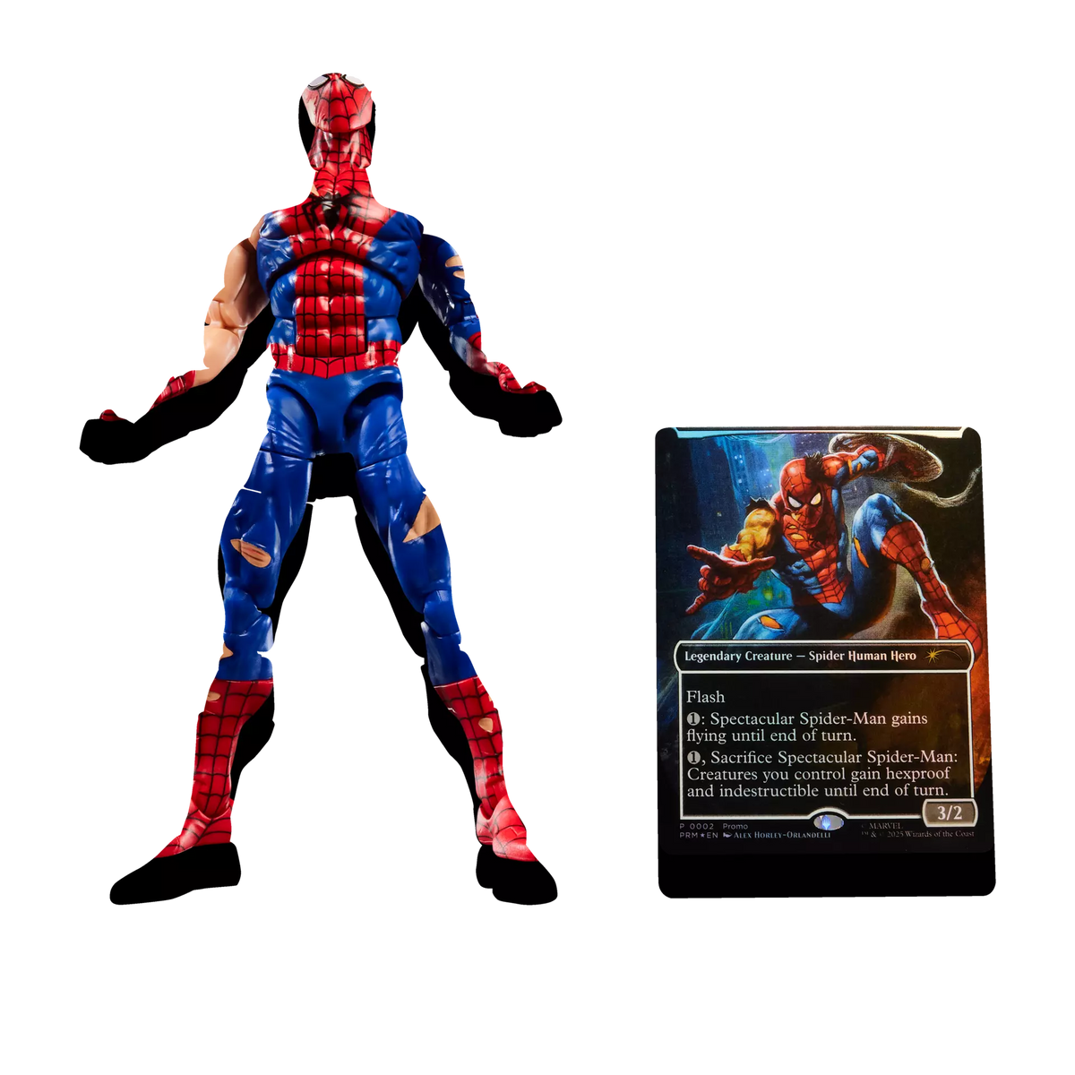 Marvel Legends Battle-Damaged Spider-Man figure, accessories, and exclusive Magic: The Gathering foil card
