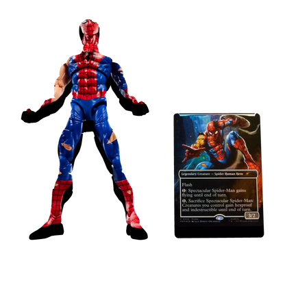 Marvel Legends Battle-Damaged Spider-Man figure, accessories, and exclusive Magic: The Gathering foil card