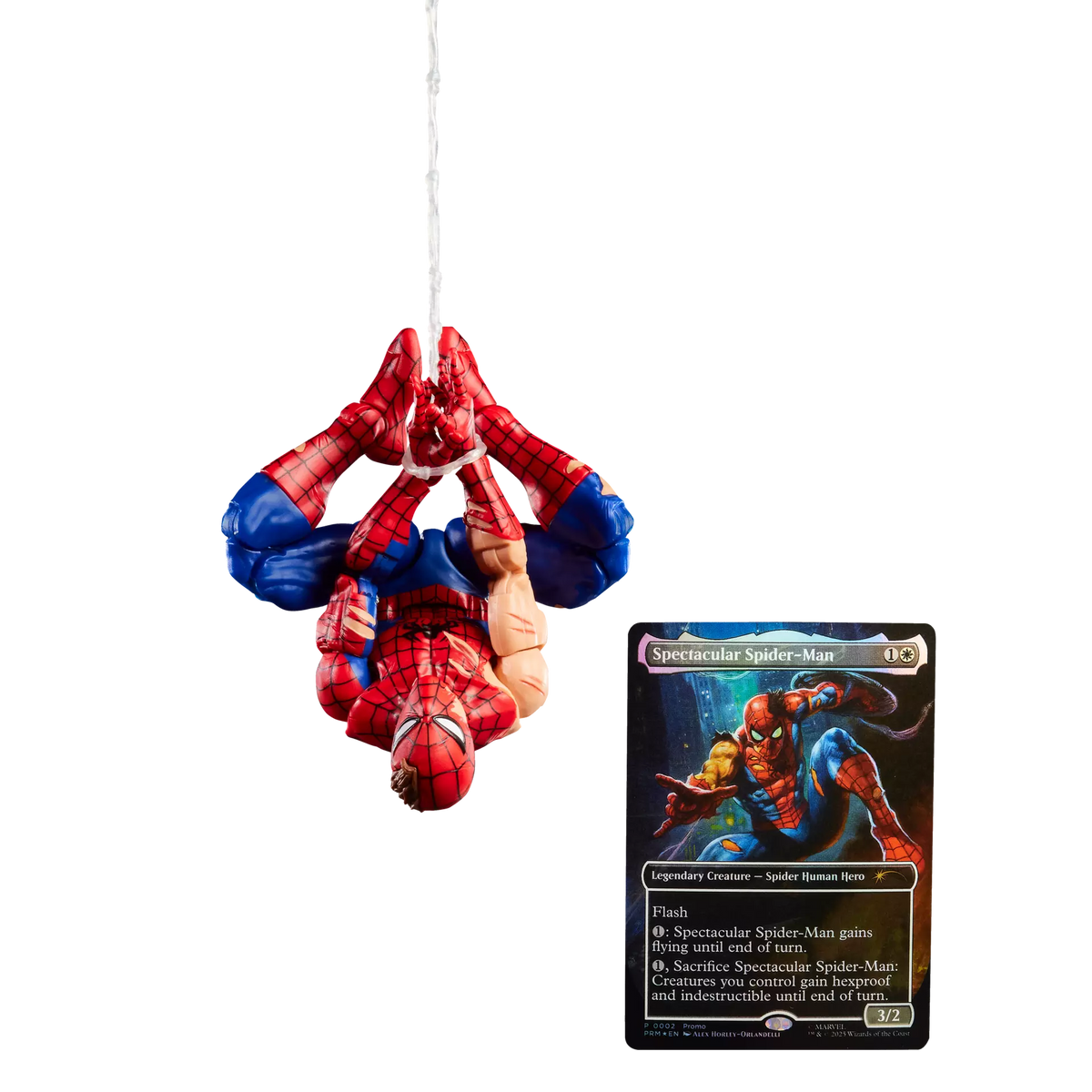 Marvel Legends Battle-Damaged Spider-Man action figure with exclusive Magic: The Gathering foil card