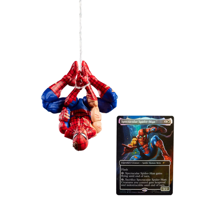 Marvel Legends Battle-Damaged Spider-Man action figure with exclusive Magic: The Gathering foil card
