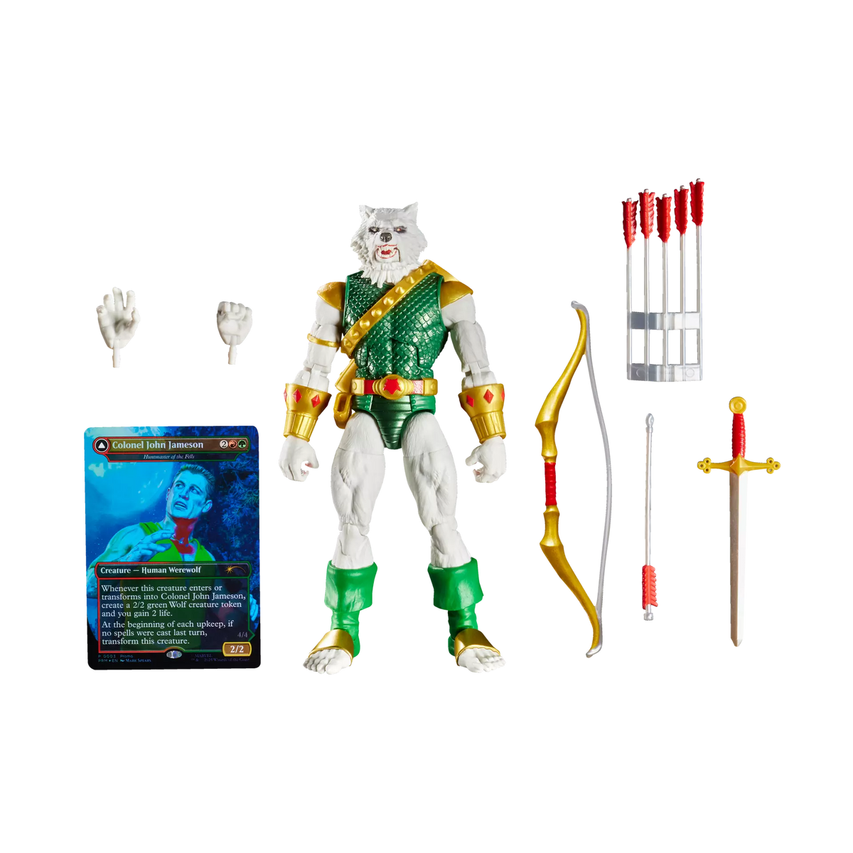 Marvel Legends Man-Wolf figure, accessories, and exclusive Magic: The Gathering foil card
