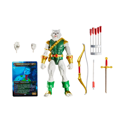 Marvel Legends Man-Wolf figure, accessories, and exclusive Magic: The Gathering foil card