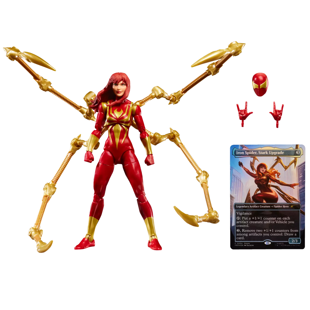 Marvel Legends Mary Jane Watson Iron Spider figure, accessories, and exclusive Magic: The Gathering foil card