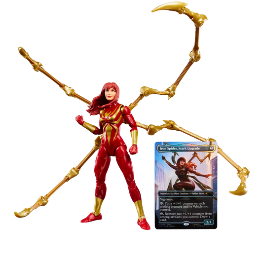 Marvel Legends Mary Jane Watson Iron Spider action figure with exclusive Magic: The Gathering foil card